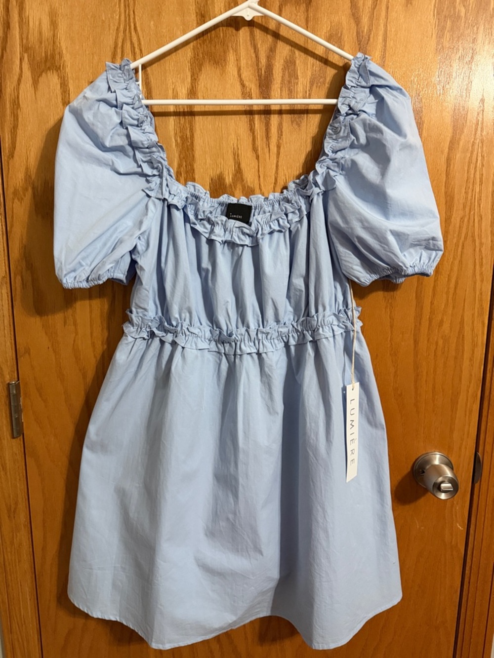 Lumière Light Blue Puff Sleeve Dress, Size Large